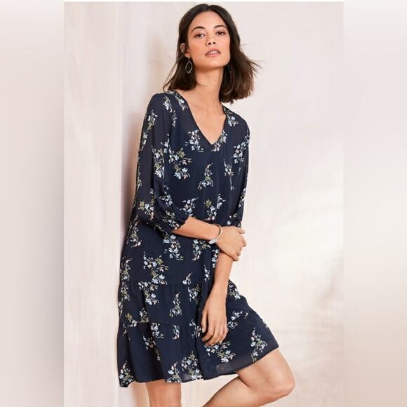 Garnet Hill Dress Mini Tiered Silk Navy Floral Size 2 - Picture 1 of 6